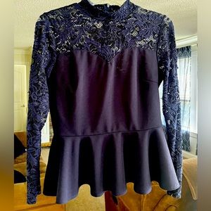 Baby blue peplum top, lace sleeves, zipper back